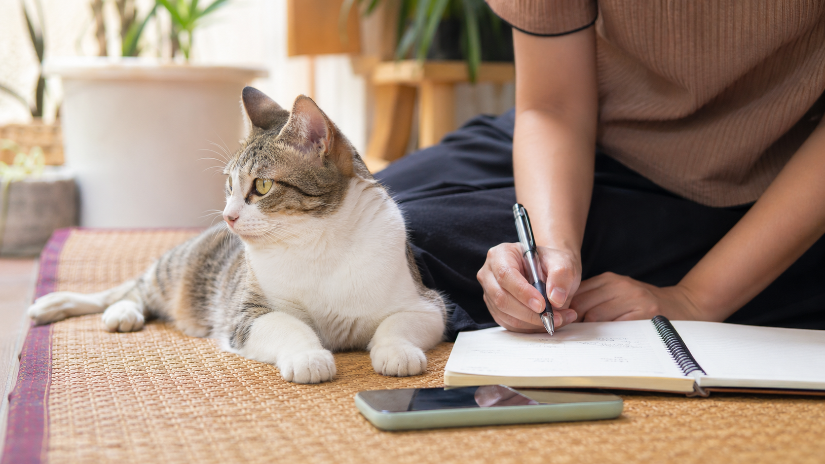 Kucing tenang di rumah bersama catatan belajar pemilik