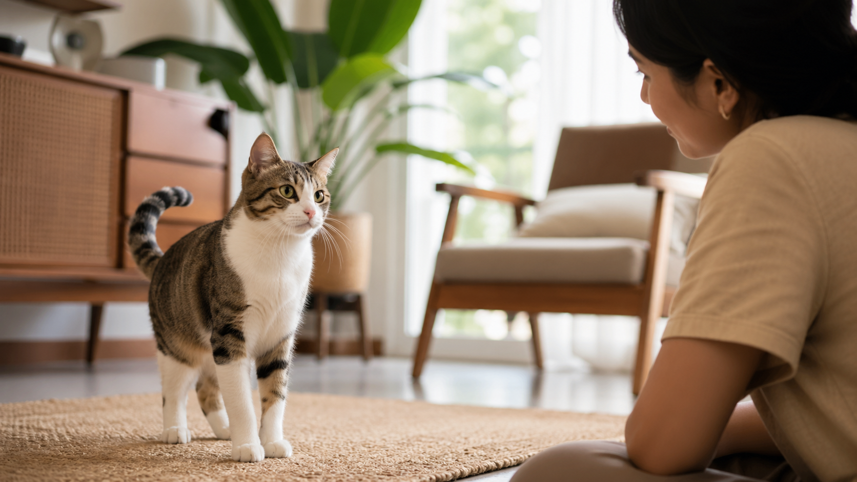 Kucing berdiri di rumah dengan postur tubuh yang mudah diamati