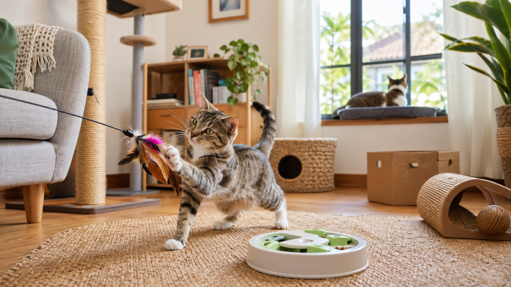 Kucing bermain dengan mainan dan enrichment di ruang keluarga